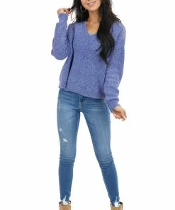 HYFVE Dusty Blue Two Tone Slightly Cropped Sweater With V Neck