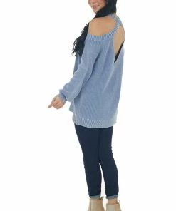 BiBi Hazy Blue Mineral Washed Cold Shoulder Sweater Tops