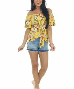 Haptics Canary Yellow Floral Print Off Shoulder Top