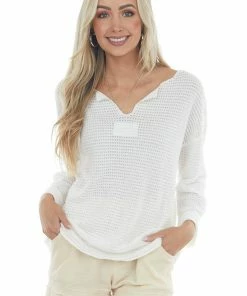 Jodifl Ivory Waffle Knit Notch Neck Top With Loose Long Sleeves Tops