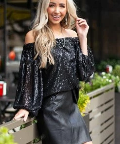 Vine & Love Black Sequined Off The Shoulder Blouse Tops