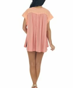 Davi & Dani Coral And Salmon Button Front Flowy Blouse Tops