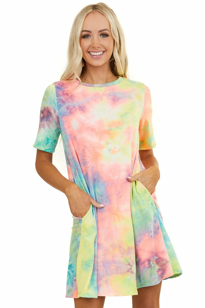 Lime 'N' Chili Multicolor Tie Dye Short Sleeve Dress With Side Pockets 11 Lime 'N' Chili Multicolor Tie Dye Short Sleeve Dress With Side Pockets