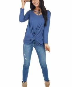 Cherish Dusty Blue 3/4 Sleeve Top With Caged Neckline Detail 27 Cherish Dusty Blue 3/4 Sleeve Top With Caged Neckline Detail