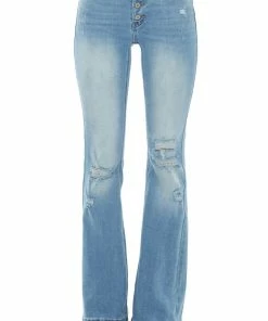 KanCan Medium Light Wash High Rise Flare Jeans With Destroyed Knees