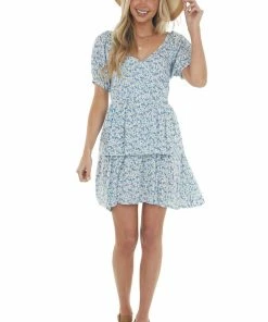 Sweet Lemon Sapphire Floral Print Surplice Tiered Dress Dresses