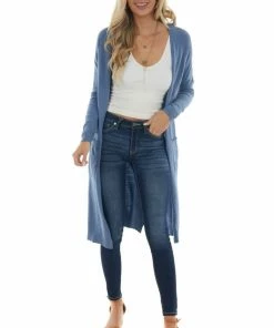 Style Melody Dusty Blue Longline Open Front Knit Cardigan Tops