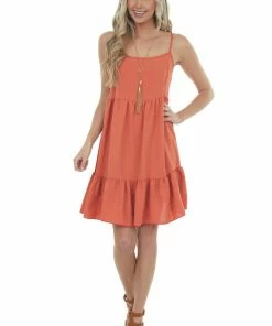 Ces Femme Dresses Rust Sleeveless Short Tiered Woven Dress