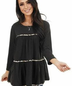 Entro Black Tiered Long Sleeve Top With Leopard Print Details Tops 26 Entro Black Tiered Long Sleeve Top With Leopard Print Details Tops