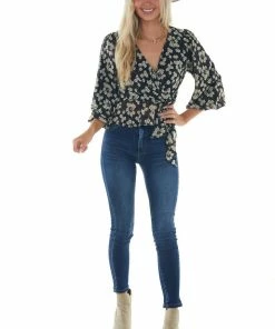 She + Sky Tops Black Floral Print Surplice Long Sleeve Blouse