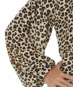 143 Story Beige Leopard Print Long Puff Sleeve Woven Top