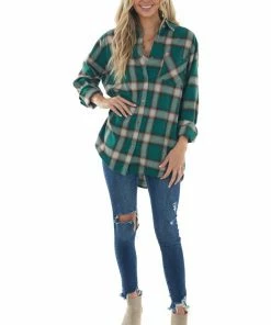 La Miel Forest Plaid Curved Hem Button Down Flannel Tops
