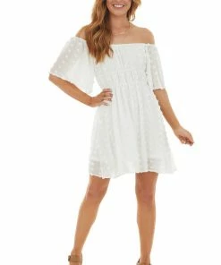 Peach Love Dresses Pearl Off Shoulder Swiss Dot Woven Short Dress