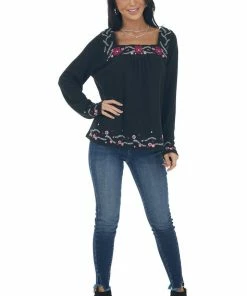 Andree Black Floral Embroidered Babydoll Knit Top Tops