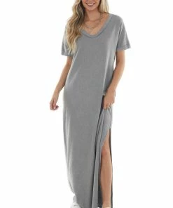 Peach Love Maxi Dresses Steel Short Sleeve V Neck Maxi Tee Shirt Dress