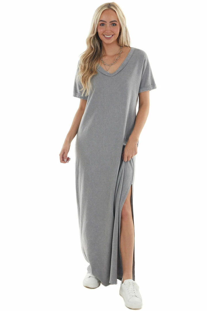 Peach Love Maxi Dresses Steel Short Sleeve V Neck Maxi Tee Shirt Dress 3 Peach Love Maxi Dresses Steel Short Sleeve V Neck Maxi Tee Shirt Dress