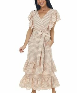 Entro Rose Taupe Gingham Ruffle Tiered Maxi Dress