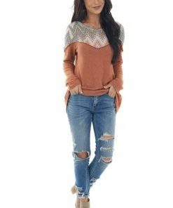 Lovely Melody Sandstone Brushed Knit Top With Printed Yoke