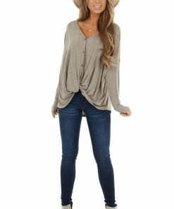 Chrysanthemum Tops Taupe Button Up Long Sleeve Knit Top With Front Knot Detail