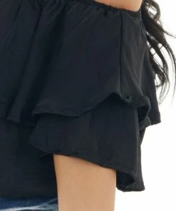 She + Sky Black Off The Shoulder Short Sleeve Overlaying Crop Top Tops