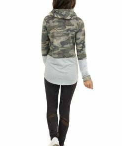 Hailey & Co Tops Olive Camo Colorblock Long Sleeve Top With Cowl Neckline