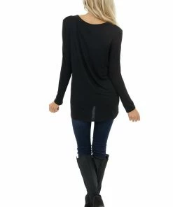 BOMBOM Tops Black Long Sleeve Knit Top With Side Hem Knot Detail