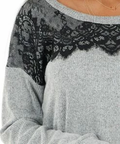 Lime Lush Tops Heathered Grey Long Sleeve Knit Top With Black Lace Details