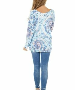 BiBi Tops Teal And Dusty Blue Tie Dye Pullover Top With Long Sleeves