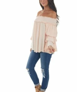 Easel Tea Rose Off Shoulder Tiered Ruffle Sleeve Top Tops