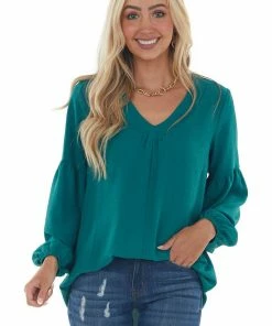 Jodifl Pine Drop Shoulder Bubble Sleeve Woven Top