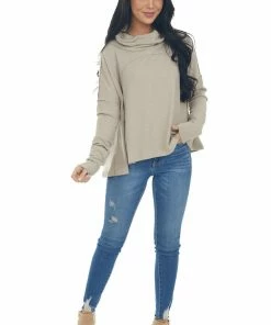 Blue B Oatmeal Cowl Neck Long Sleeve Brushed Knit Top Tops