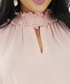 Main Strip Peach Smocked Neck Bubble Sleeve Keyhole Top