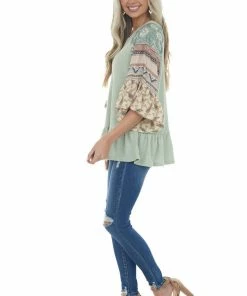 Davi & Dani Sage Multiprint Ruffled Hem Waffle Knit Top