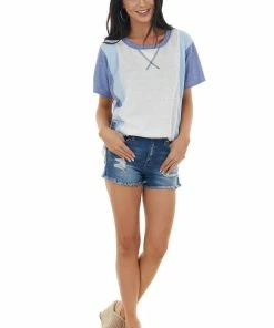 BiBi Tops Ivory And Blue Colorblock Tee With Short Sleeves