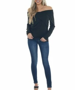 BiBi Black Criss Cross Brushed Waffle Knit Top