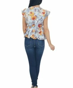 Entro Misty Blue Floral Peplum V Neck Blouse
