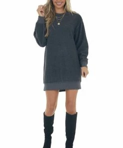 HYFVE Charcoal Brushed Knit Sweatshirt Short Dress Dresses