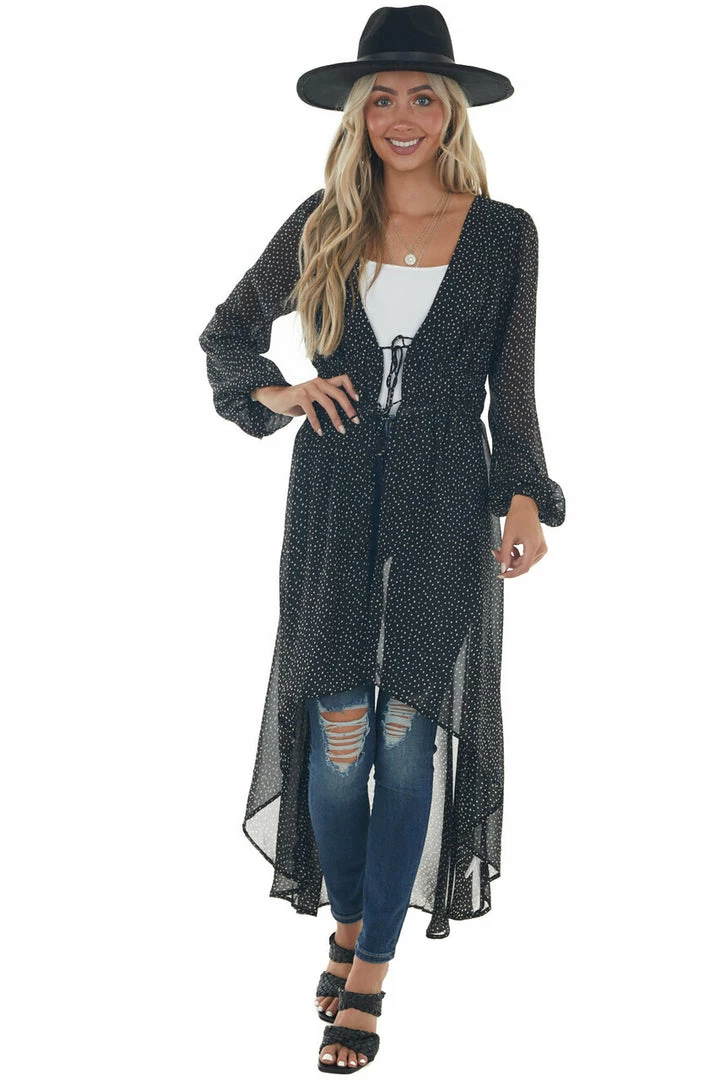 FSL APPAREL Tops Black And Cream Spotted Long Sleeve Kimono 9 FSL APPAREL Tops Black And Cream Spotted Long Sleeve Kimono