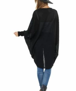 FSL APPAREL Black Waffle Knit Long Sleeve Cardigan With Cocoon Hem