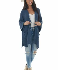 She + Sky Steel Blue Loose Sleeve Cardigan With Pockets