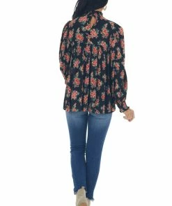ANGIE Tops Black Floral Print Long Sleeve Smocked Blouse