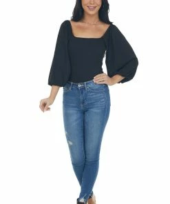Entro Black Square Neck Bubble Sleeve Bodysuit Tops