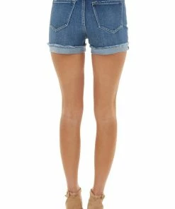 KanCan Medium Wash High Waisted Denim Shorts With Distressed Detail Bottoms