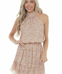 Sweet Lemon Dresses Rust Paisley Print Halter Neck Blouson Dress