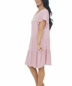 Eesome Carnation Pink Flutter Sleeve Tiered Dress