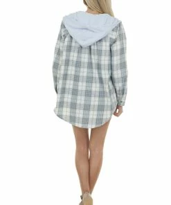 143 Story Powder Blue Plaid Button Up Hoodie Shacket