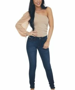 LE LIS Tops Peach Shimmery One Shoulder Ruched Bodysuit