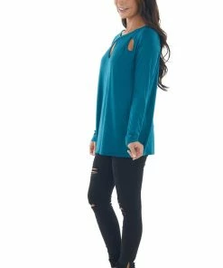 143 Story Tops Deep Teal Long Sleeve Triple Chest Keyhole Top