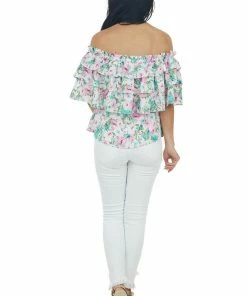 Entro Aquamarine Floral Off Shoulder Overlay Blouse