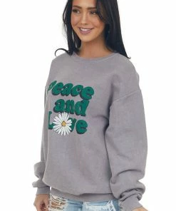 Sweet Claire Tops Vintage Grey 'Peace And Love' Graphic Sweater